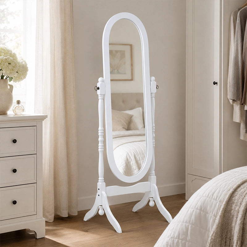 White full length floor mirror with lights in bedroom dressing area
