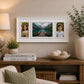 White photo frame with three picture slots displayed above console table