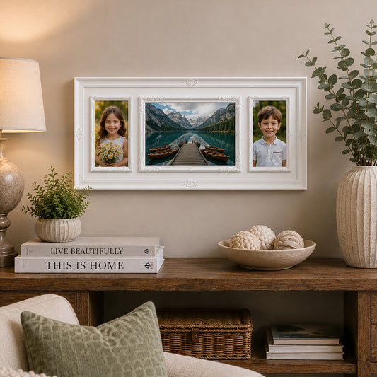 White photo frame with three picture slots displayed above console table