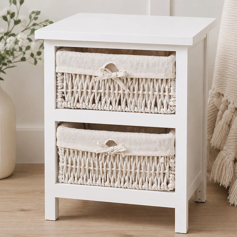 White furniture storage unit with two woven maize basket drawers