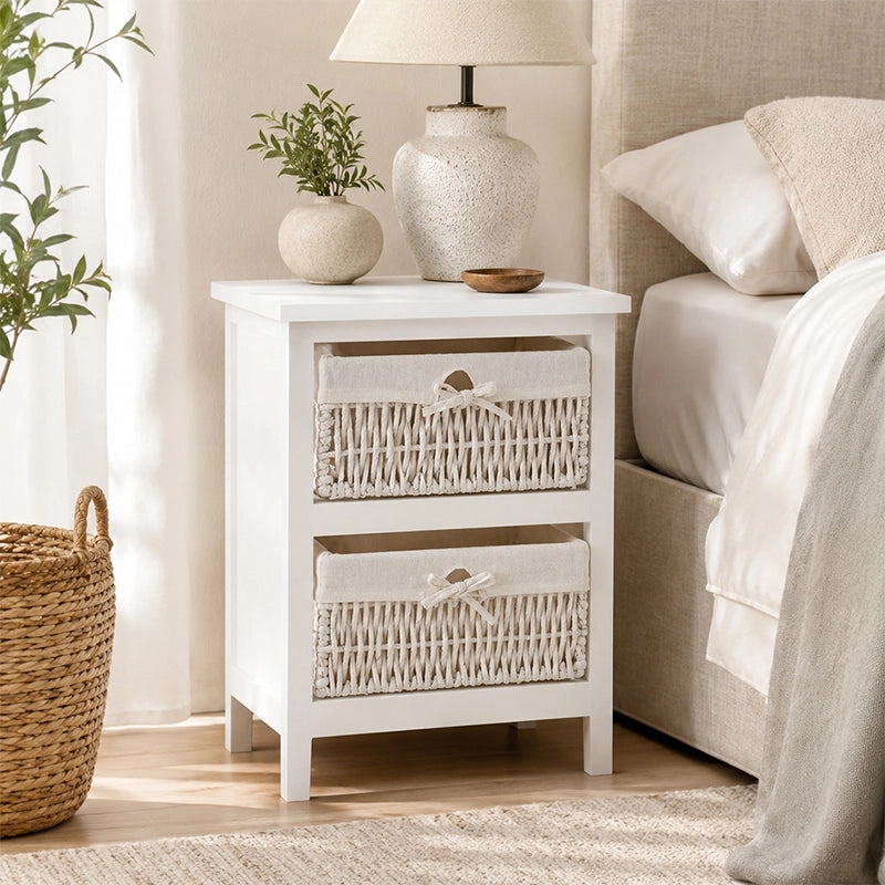 White bedside storage unit with two maize baskets, lamp and neutral bedroom decor