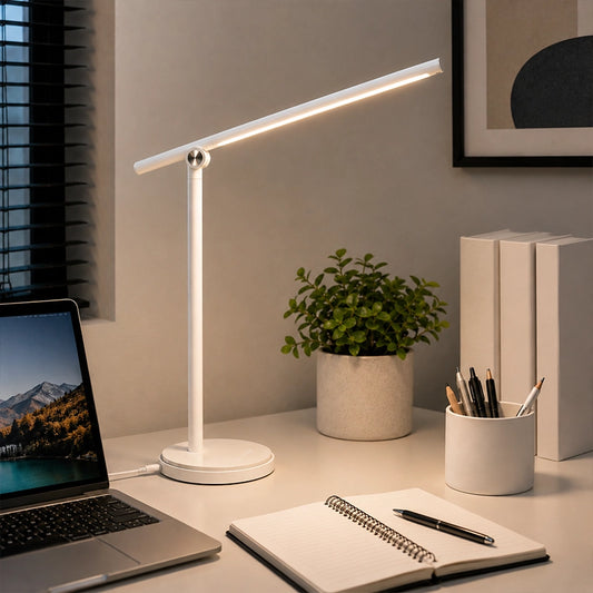 White touch desk lamp with LED light on home office table