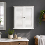 White wood 2-door wall cabinet with shutter doors above bathroom sink