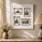 White and gold 4 photo collage frame with ornate picture slots above console table
