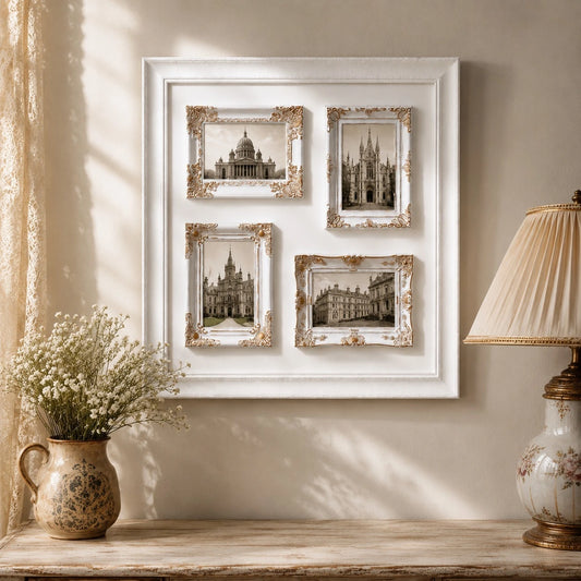 White and gold 4 photo collage frame with ornate picture slots above console table
