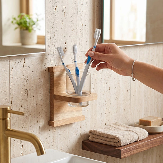 Wooden wall-mounted toothbrush holder with toothbrushes fitted above a bathroom basin
