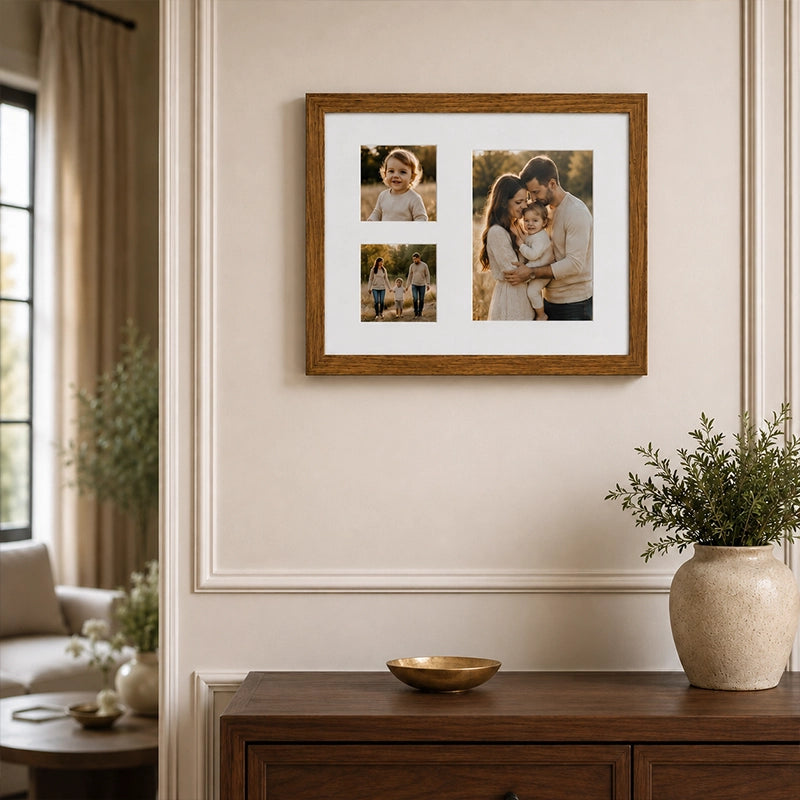 Wooden 3 photo collage frame displaying multiple family pictures