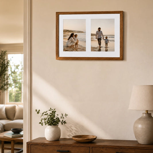 Wooden collage photo frame with multiple pictures mounted on wall