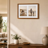Wooden collage photo frame with multiple pictures mounted on wall