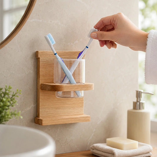 Wooden wall-mounted toothbrush holder with two toothbrushes beside a bathroom sink