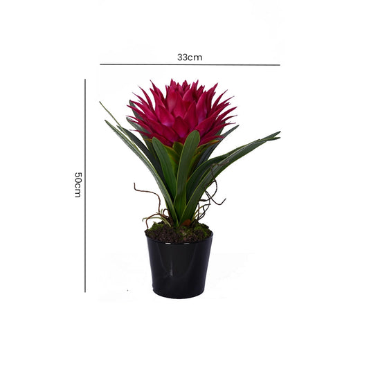 Size reference for an artificial pink tropical plant with pot showing overall height and pot width