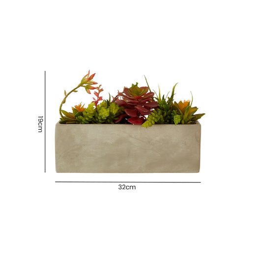 Dimension diagram of artificial succulents in a rectangular cement pot showing length, width, and height