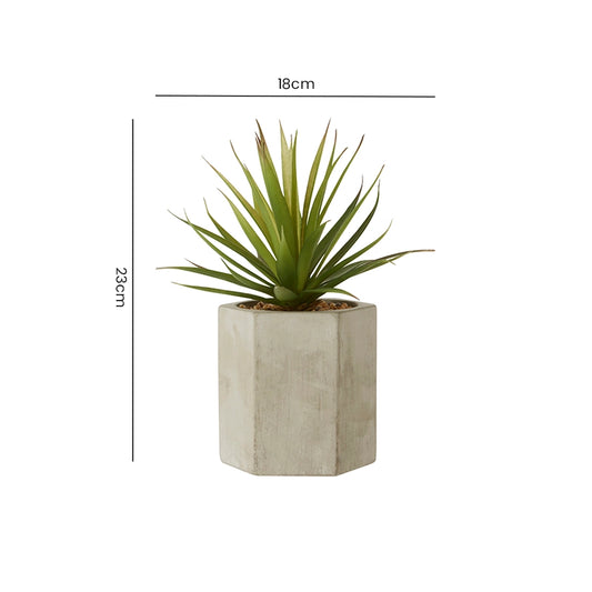 Size chart for an artificial sword grass plant in a cement pot with labelled height and base width