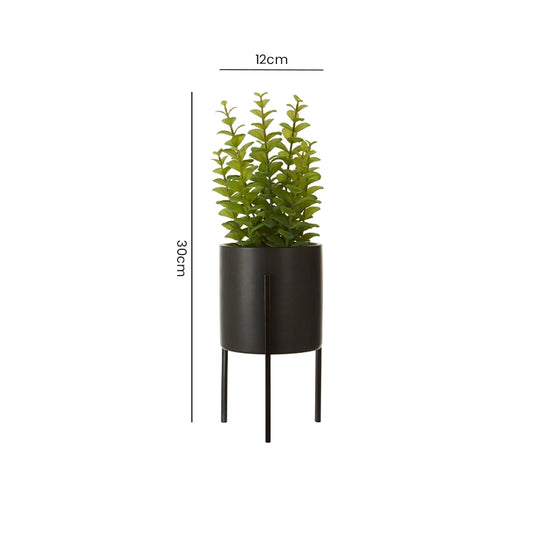 Dimensions of an artificial thyme plant on a black metal stand showing total height and pot measurements