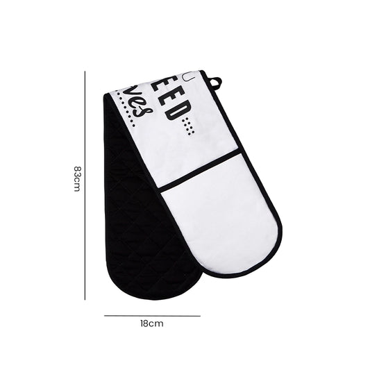 Black and white cotton double oven glove product size guide showing dimensions 18cm width