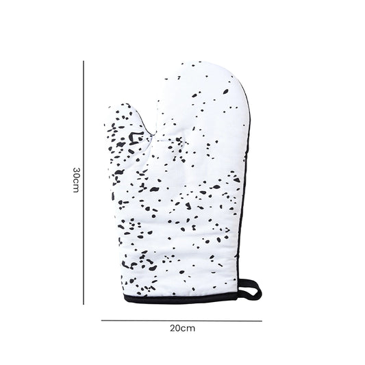 White single oven glove with black paint splatter print, flat lay product image showing 20cm length