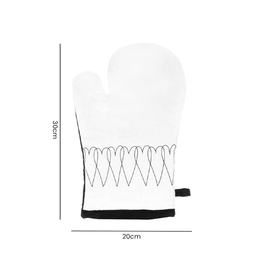 White single oven mitt with black cross-hatch design, flat lay product image showing 20cm size