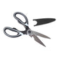 Kitchen scissors with black and light blue handles, serrated stainless steel blade, bottle opener and blade cover