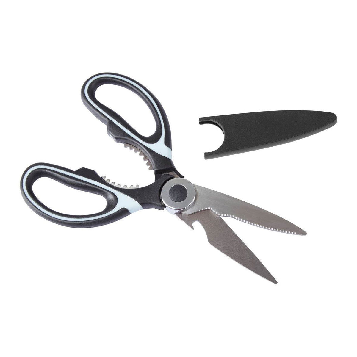 Kitchen scissors with black and light blue handles, serrated stainless steel blade, bottle opener and blade cover