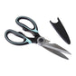 Kitchen scissors with black and mint green handles, stainless steel blades, nutcracker grip and black blade sheath