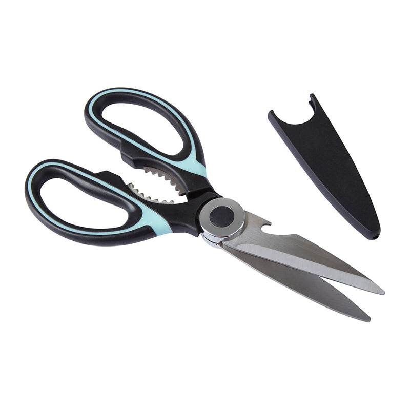 Kitchen scissors with black and mint green handles, stainless steel blades, nutcracker grip and black blade sheath