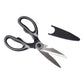 Kitchen scissors with black and grey handles, stainless steel blades, bottle opener and black blade cover
