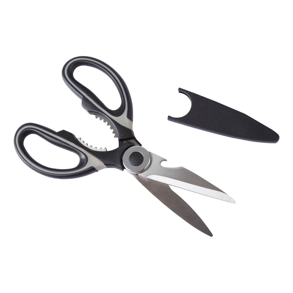 Kitchen scissors with black and grey handles, stainless steel blades, bottle opener and black blade cover