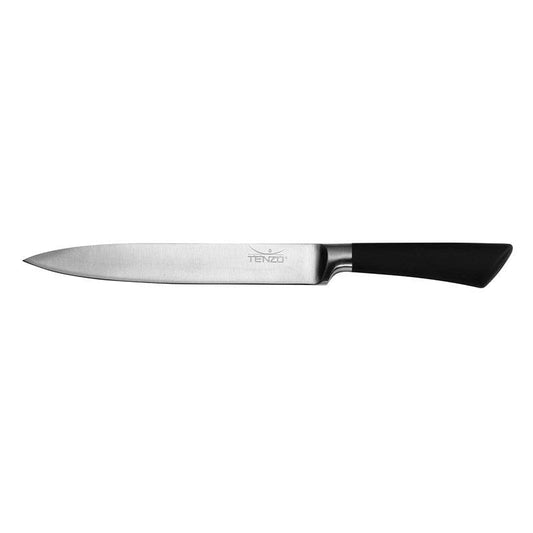 Tenzo stainless steel kitchen knife with a smooth silver blade and black handle on a white background
