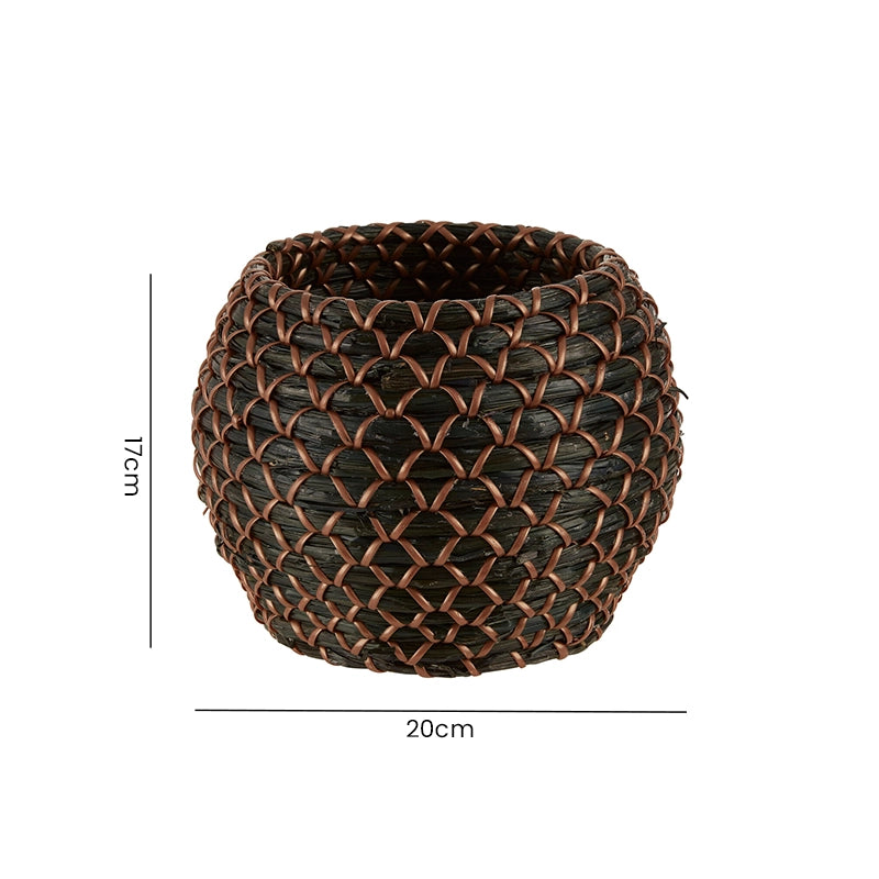 Dimensions of a round black textured indoor plant pot with labelled height and diameter