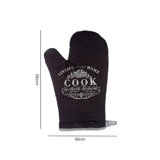 Black cotton oven mitt with Vintage Home Cook logo print, size guide showing 16cm width and 28cm length
