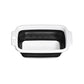 Black and white collapsible colander with side handles on a white background.