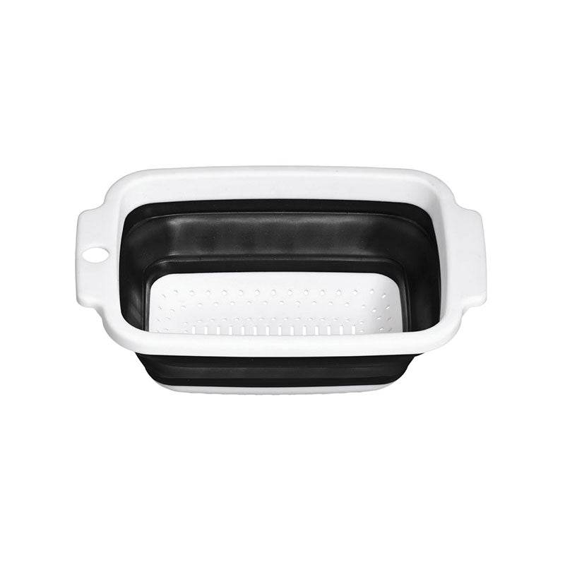Black and white collapsible colander with side handles on a white background.