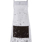 White cotton kitchen apron with black speckle splatter print pattern and large solid black front pocket on a white background