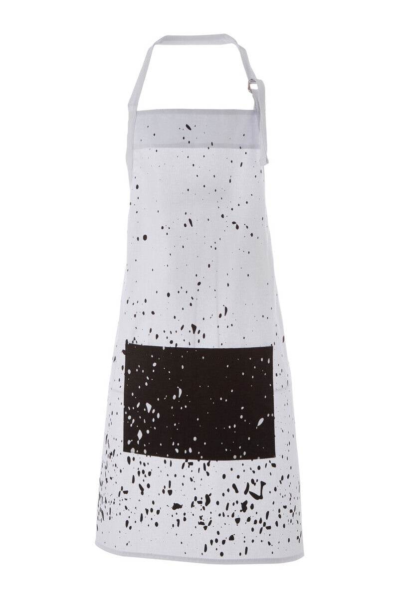 White cotton kitchen apron with black speckle splatter print pattern and large solid black front pocket on a white background
