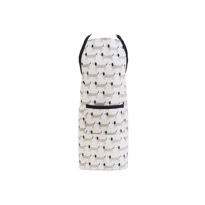 black and white kitchen apron with pocket flat lay showing full dog print design and black front pocket, cotton apron for women