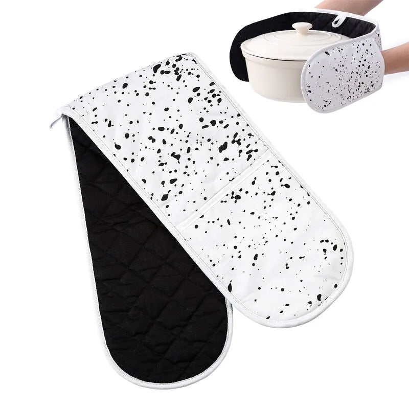 Black and white double oven gloves for kitchen cooking and handling hot cookware