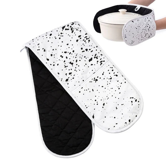Black and white double oven gloves for kitchen cooking and handling hot cookware
