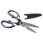 Kitchen scissors with black and white handles, serrated stainless steel blade, bottle opener and black blade cover