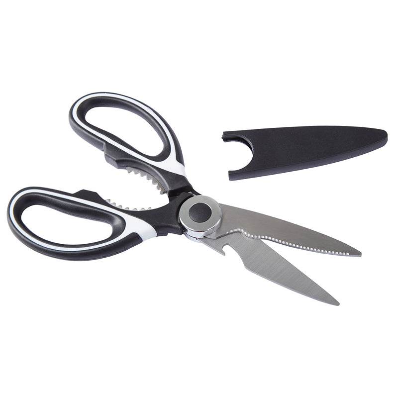 Kitchen scissors with black and white handles, serrated stainless steel blade, bottle opener and black blade cover