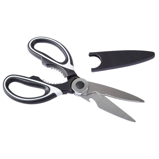 Kitchen scissors with black and white handles, serrated stainless steel blade, bottle opener and black blade cover