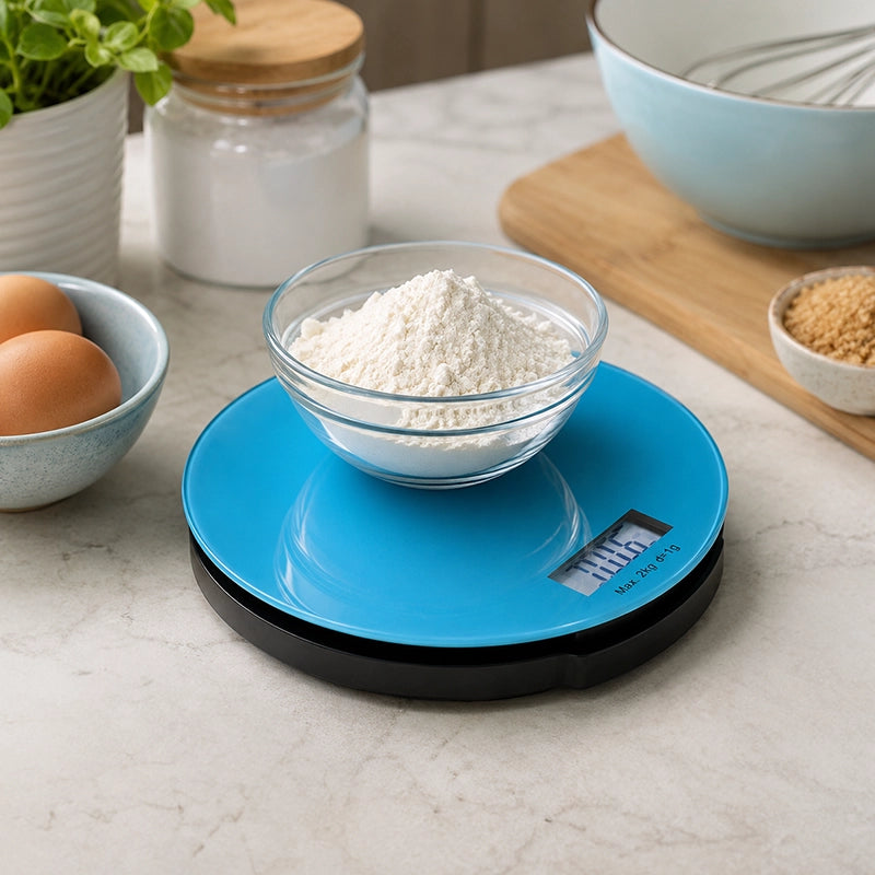 Blue digital kitchen scale weighing a bowl of flour on countertop