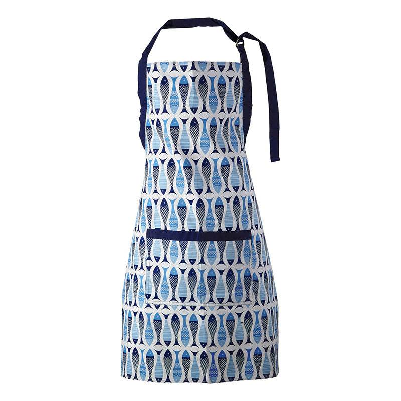 White kitchen apron with blue fish print pattern, navy blue straps and front pocket trim