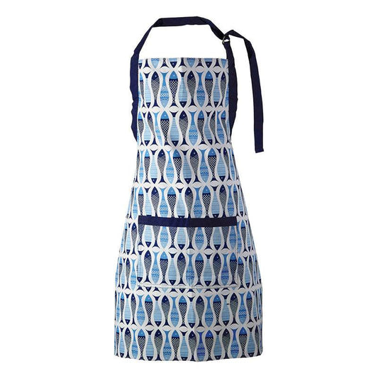 White kitchen apron with blue fish print pattern, navy blue straps and front pocket trim