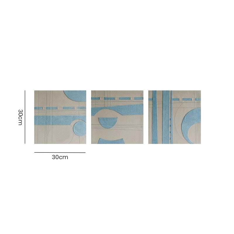 Blue geometric wall art set showing three square panels with 30cm by 30cm dimensions