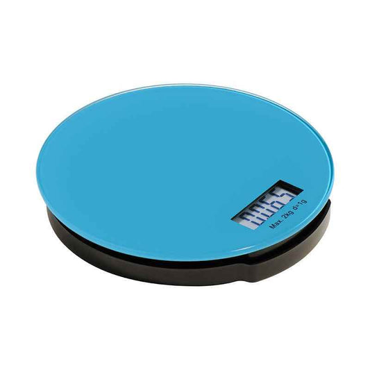 Blue digital kitchen scale with round design on white background