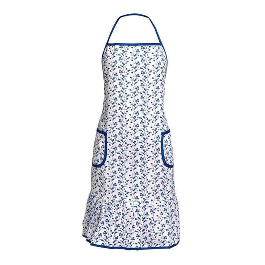 White kitchen apron with small blue ditsy floral print, navy blue straps and trim, and two front pockets with blue border on a white background