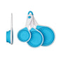 Silicone measuring cups set of 4 in blue collapsed on white background