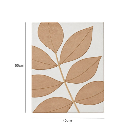 Beige botanical leaf wall art showing product dimensions of 50cm high by 40cm wide