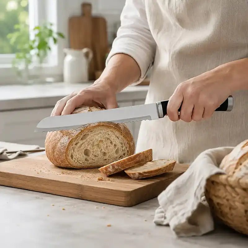 Bread knife with black handle cutting a sourdough loaf on a wooden board in a bright kitchen