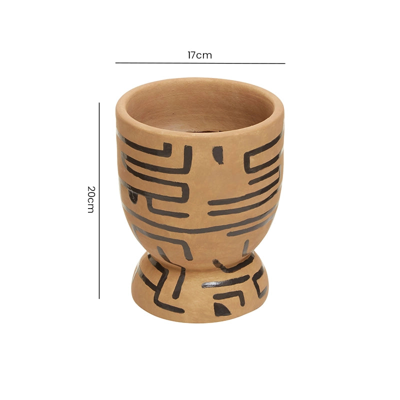 Dimension guide for a brown carved tiki-style ceramic planter showing height and width measurements